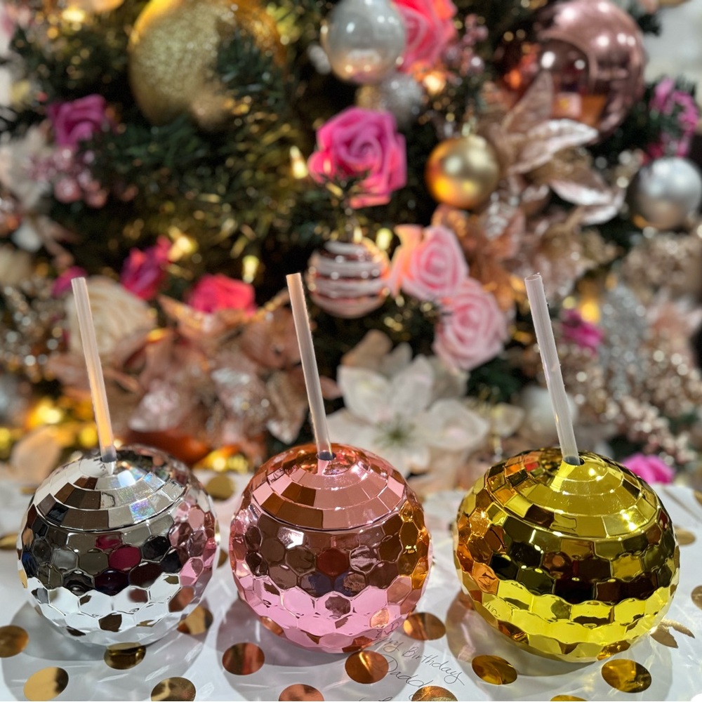 Gold, Pink, and Silver Disco Ball Drink Cups